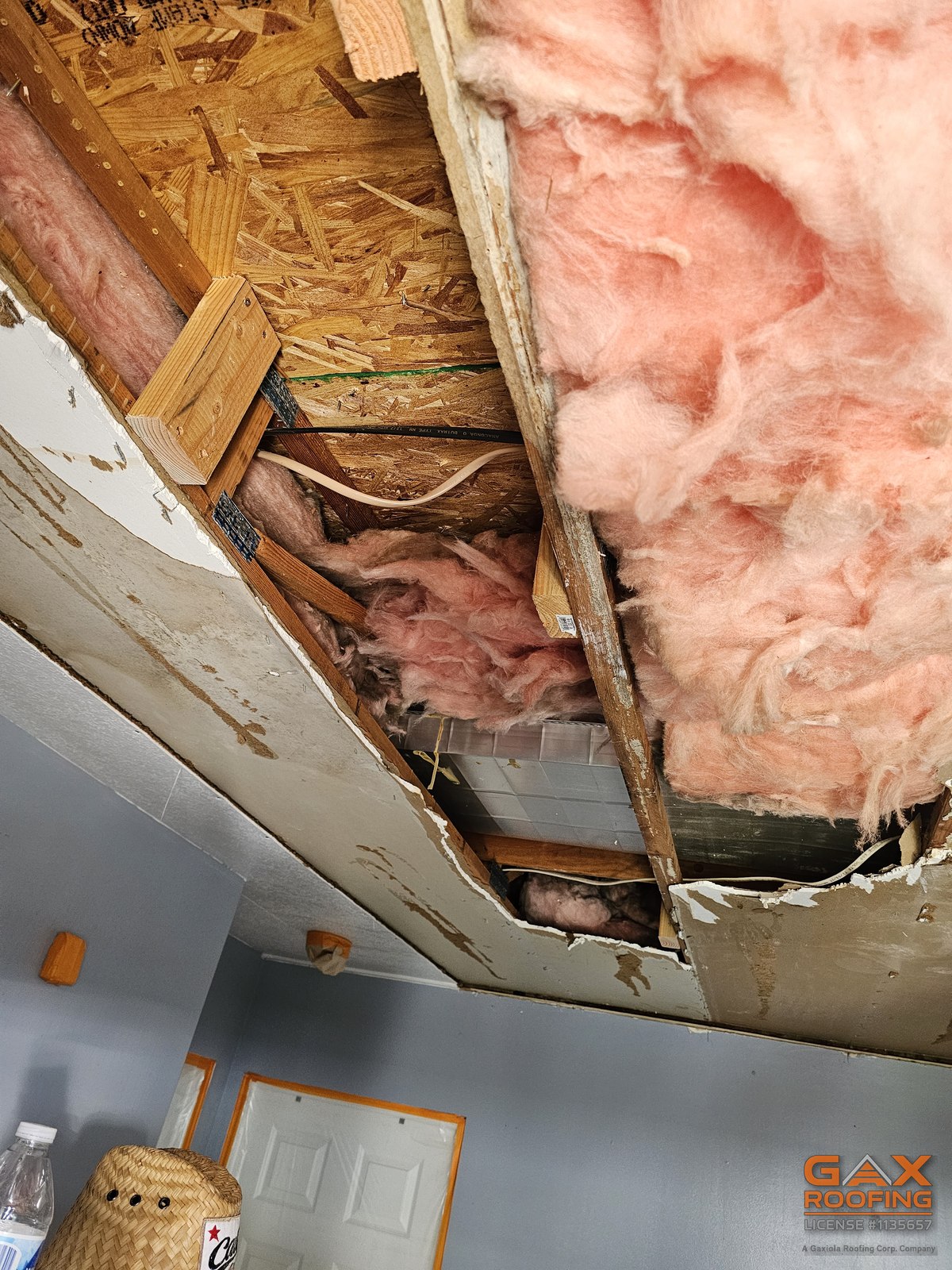 Interior damage documented on a roof leak call in Brea, California