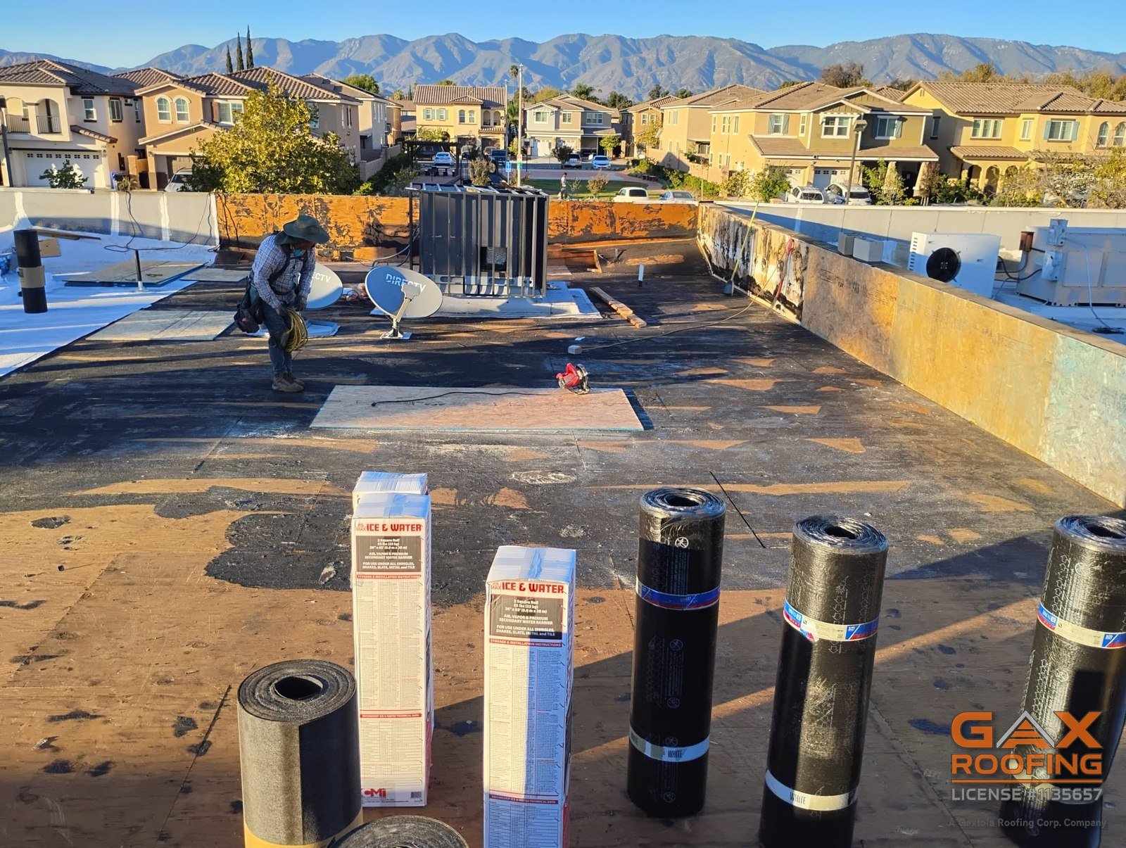 Commercial flat roof replacement in Redlands, CA by GAX Roofing, torch applied Polyglass Polyfresko granulated cap sheet