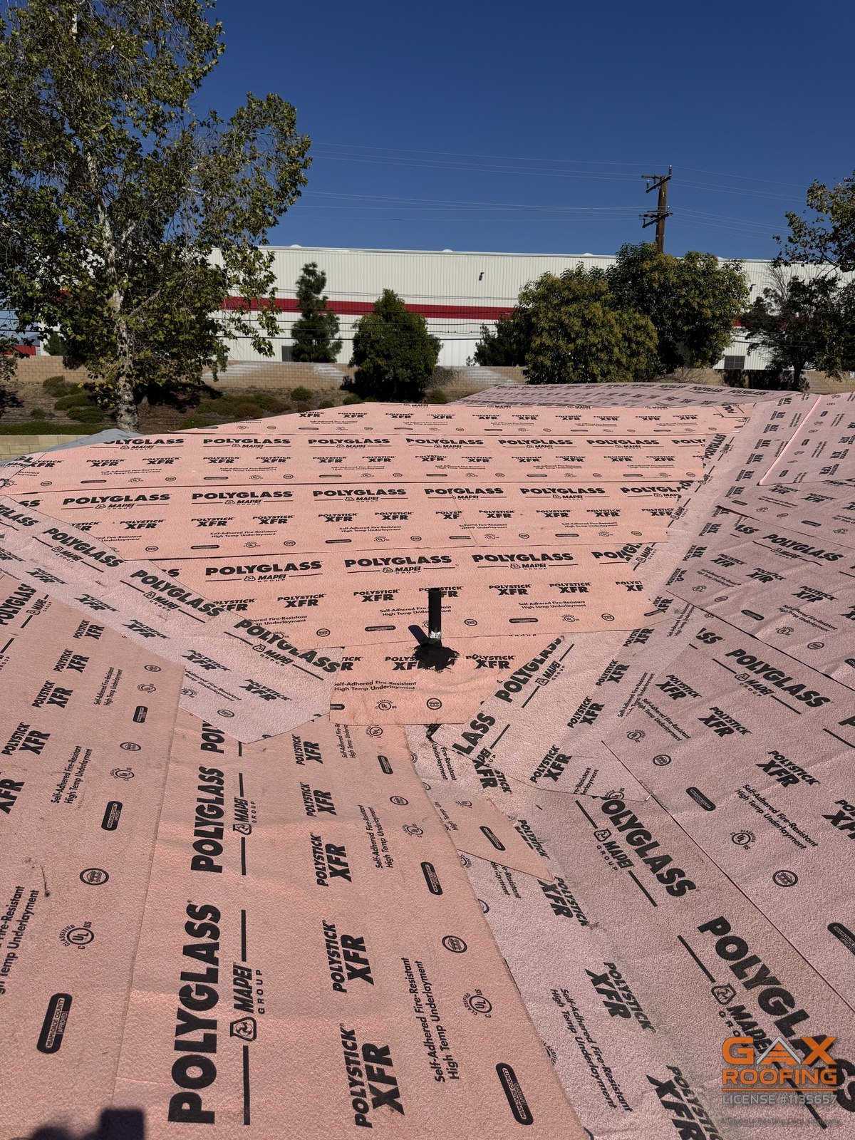 Polyglass XFR fire-resistant self-adhered underlayment covering a tile roof deck in Chino Hills, CA