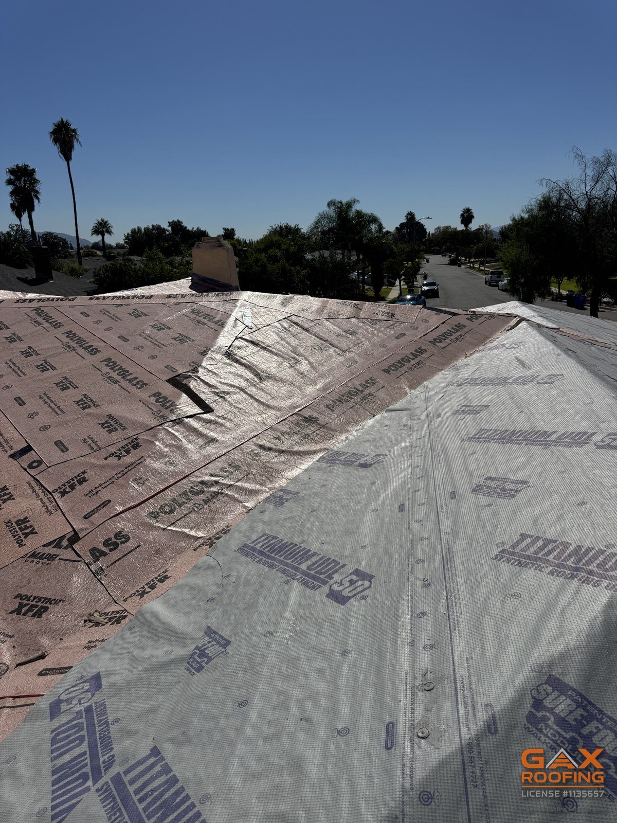 Two layers of underlayment on a Chino Hills roof, GAX Roofing's Titanium over the previous contractor's Polyglass