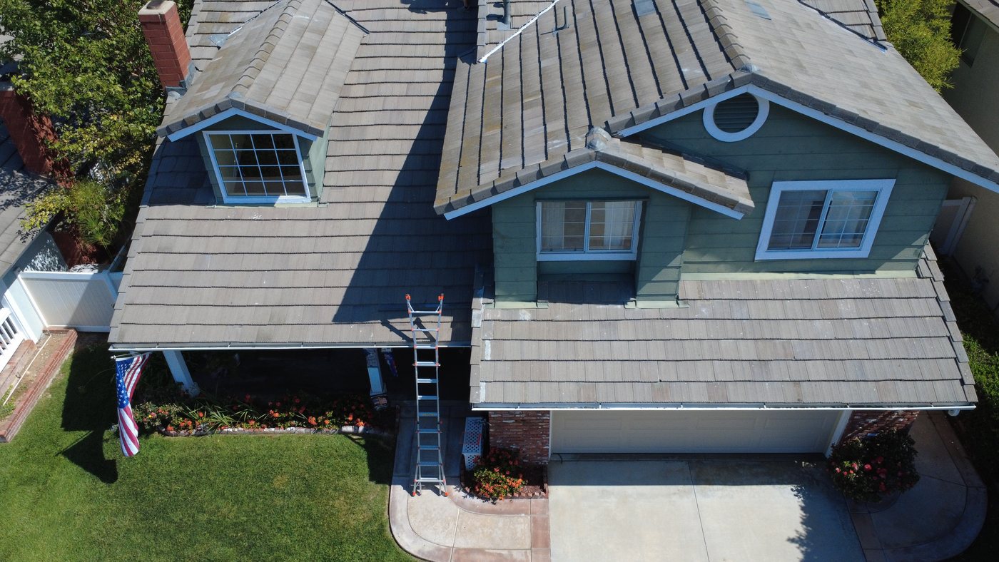 Drone view of a completed tile hip roof in Yorba Linda by GAX Roofing