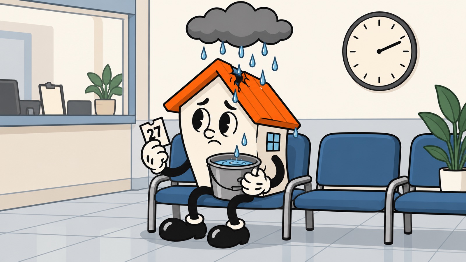 Cartoon house in a waiting room holding a ticket and a bucket while a cloud rains on its roof