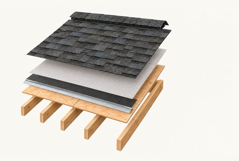 An exploded drawing of a shingle roof from the rafters up: deck, drip edge, ice and water barrier at the eaves, underlayment, shingles and the ridge vent and cap.