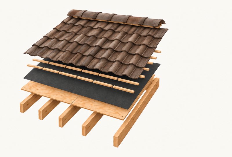 An exploded drawing of a tile roof from the rafters up: deck, self-adhered underlayment, battens, concrete tile and ridge tile.