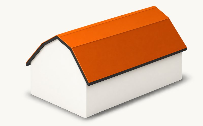 Orange gambrel roof with a broken-pitch gable profile.
