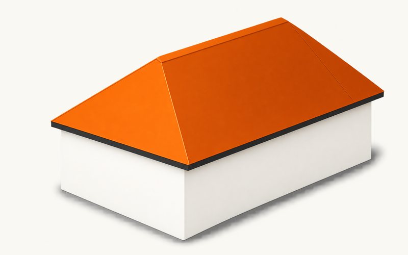 Orange hip roof sloping on all four sides.
