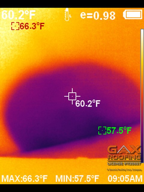 Imagen térmica de un techo con una gran masa fría mojada que cubre casi todo el cuadro
