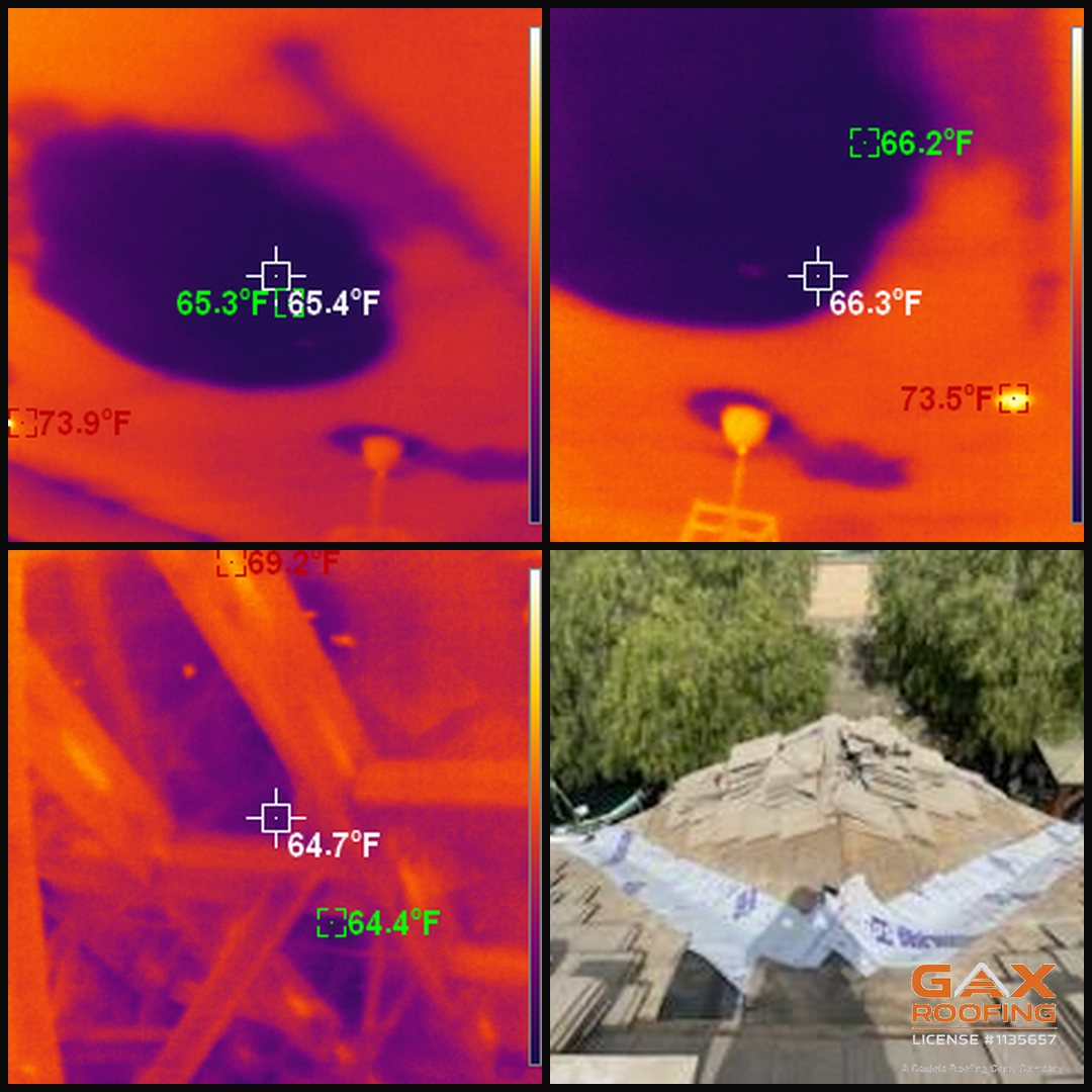 Thermal imaging frames and repair photos from a roof leak repair in Fontana