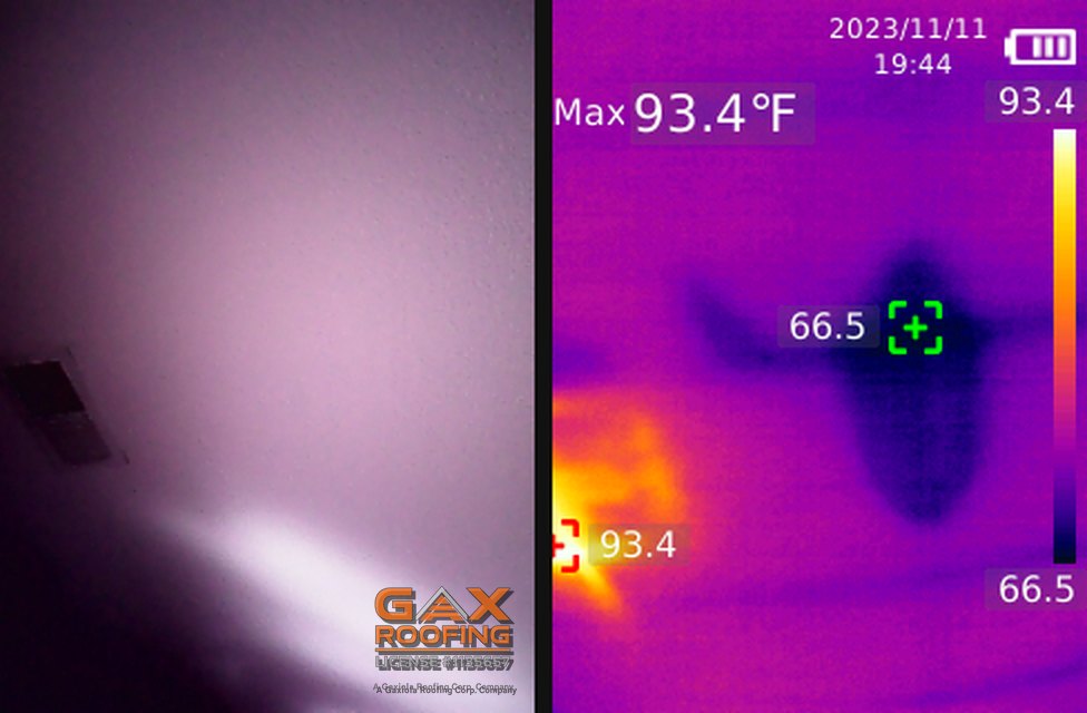 A ceiling that looks clean beside its thermal frame showing a cold mass of wet material during an Inland Empire roof leak inspection