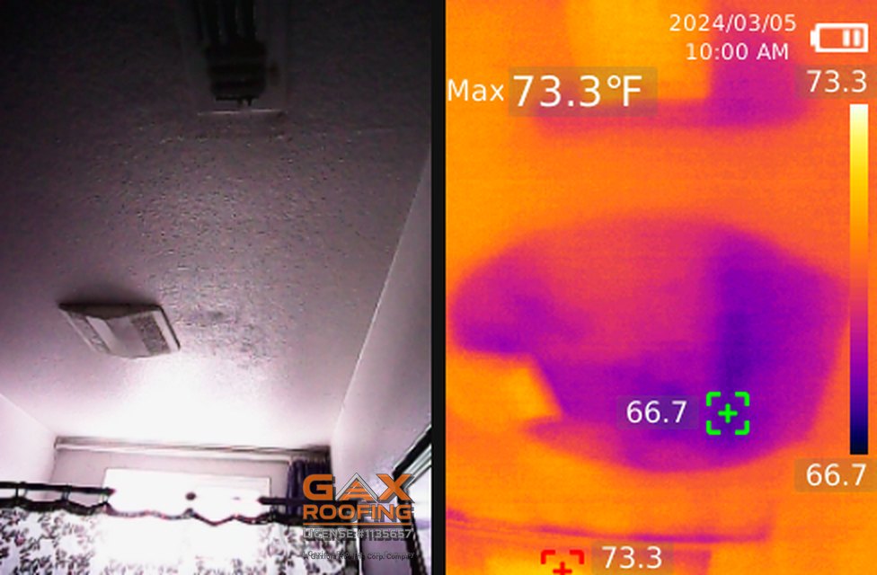 Techo cerca de una rejilla de pared junto a su imagen térmica con un parche frío mojado extendiéndose por el drywall