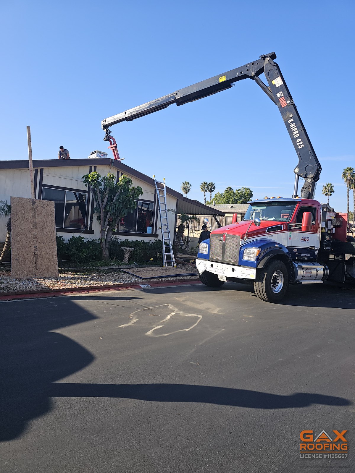 Mobile home roof work in progress in Huntington Beach, California