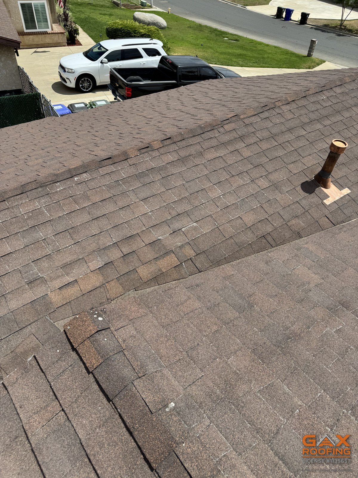Aging shingle field documented during a roof inspection in Jurupa Valley, CA