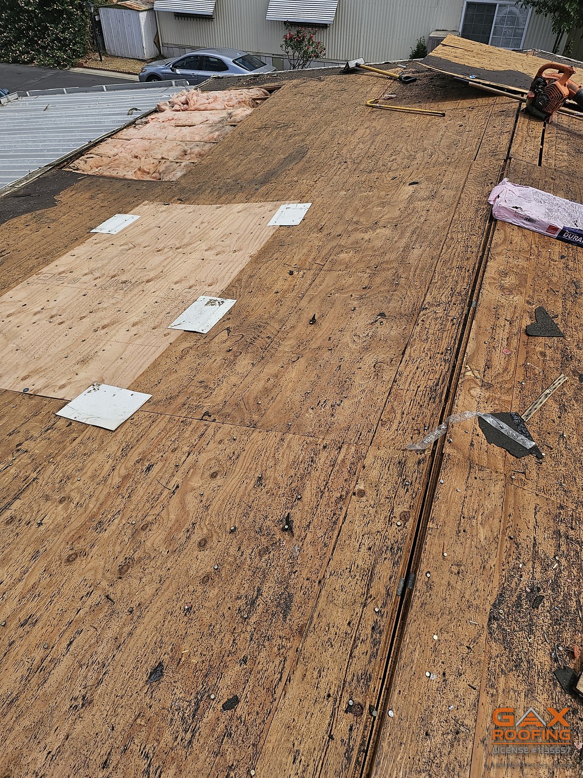 Roof decking exposed during a replacement in Covina, California