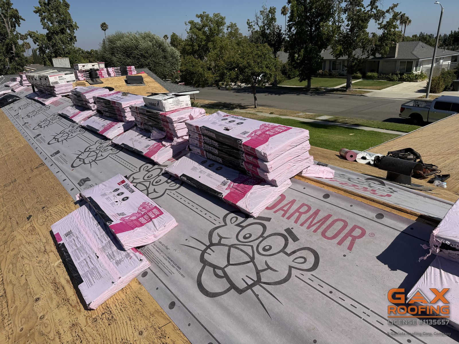 Owens Corning ProArmor underlayment and shingles loaded onto a Rancho Cucamonga roof