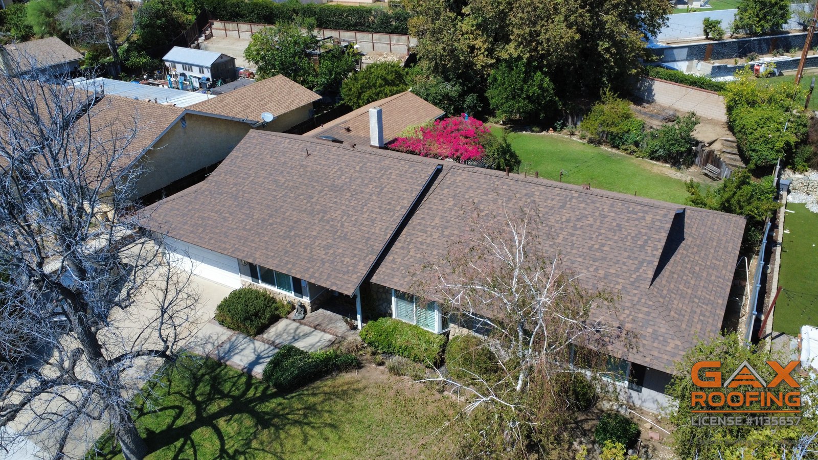 Aerial view of a completed Owens Corning Duration COOL shingle roof replacement by GAX Roofing in Rancho Cucamonga, CA