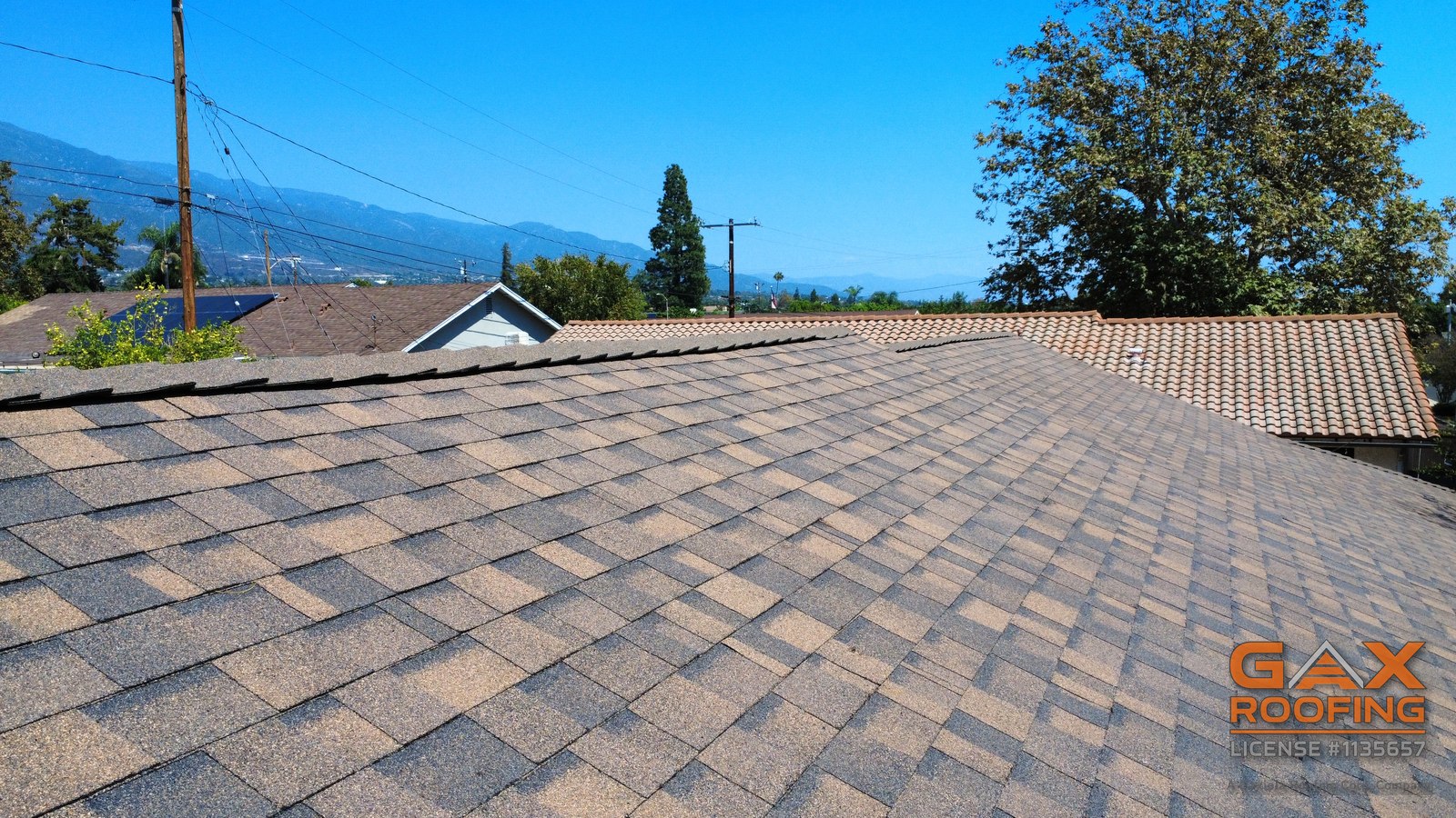 Owens Corning Duration COOL shingle field with the San Gabriel mountains behind it in Rancho Cucamonga, CA