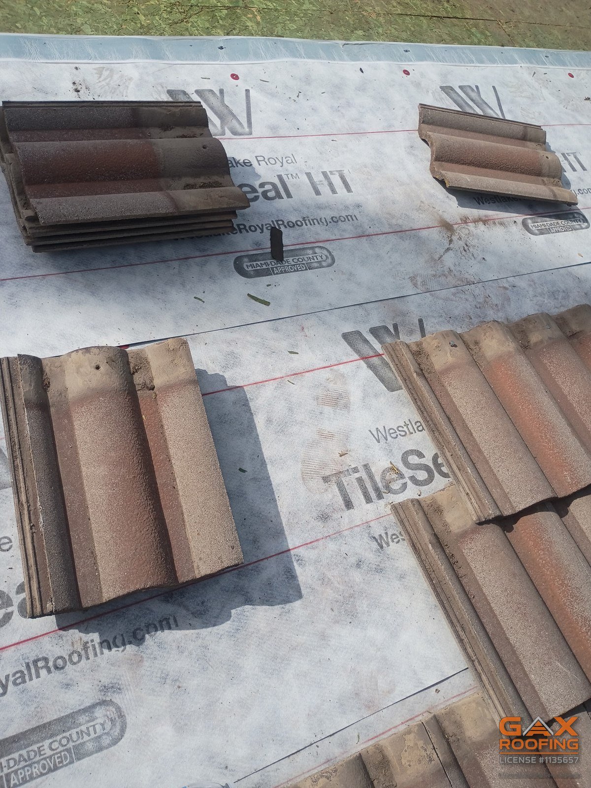 Close view of branded Westlake Royal TileSeal HT underlayment on a Norco tile roof