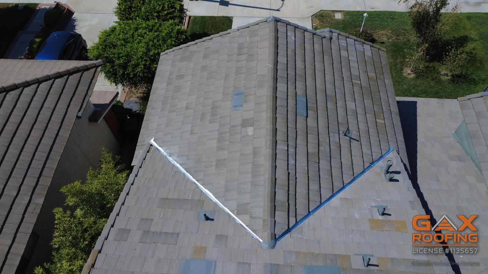 Aerial view of a finished tile roof by GAX Roofing in Yorba Linda, CA